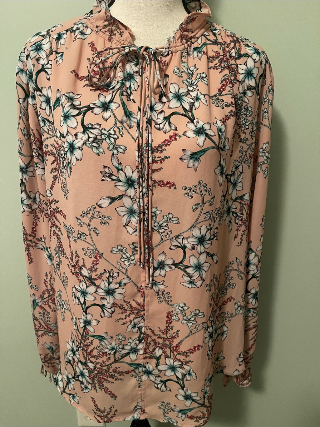 Liz Claiborne Pink Floral Tie-Front Blouse With Teal Accents